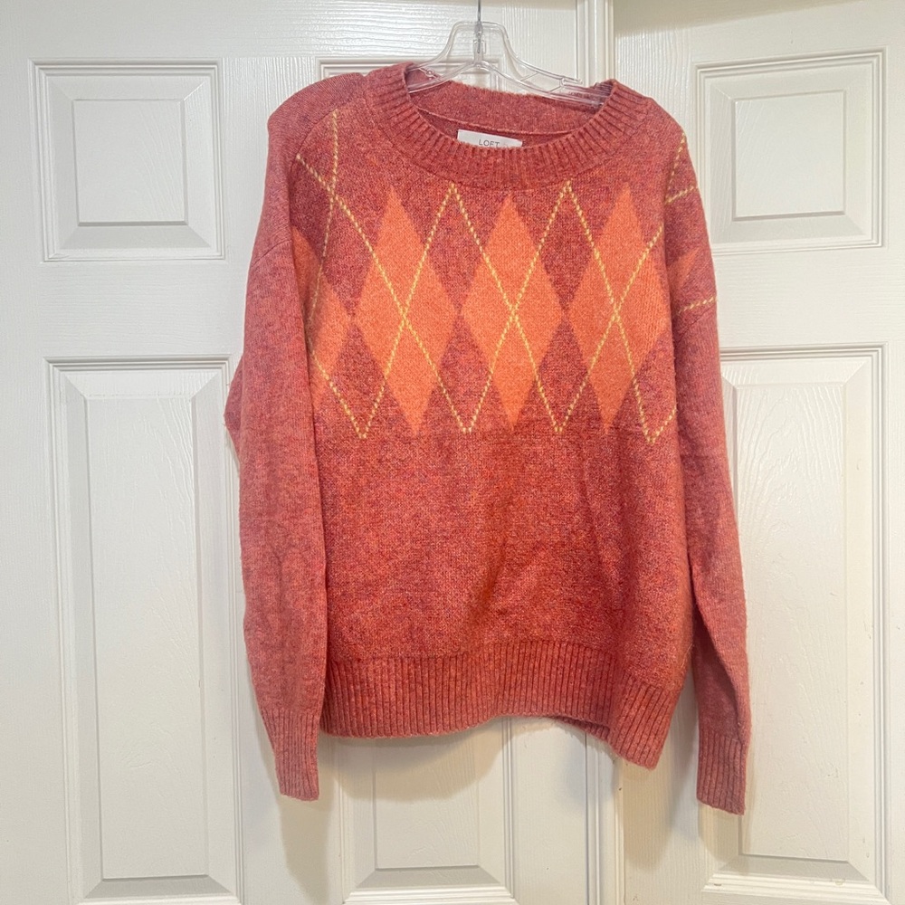 Loft coral  Argyle academia Crew neck Everyday  Sweater Work Casual Women Medium